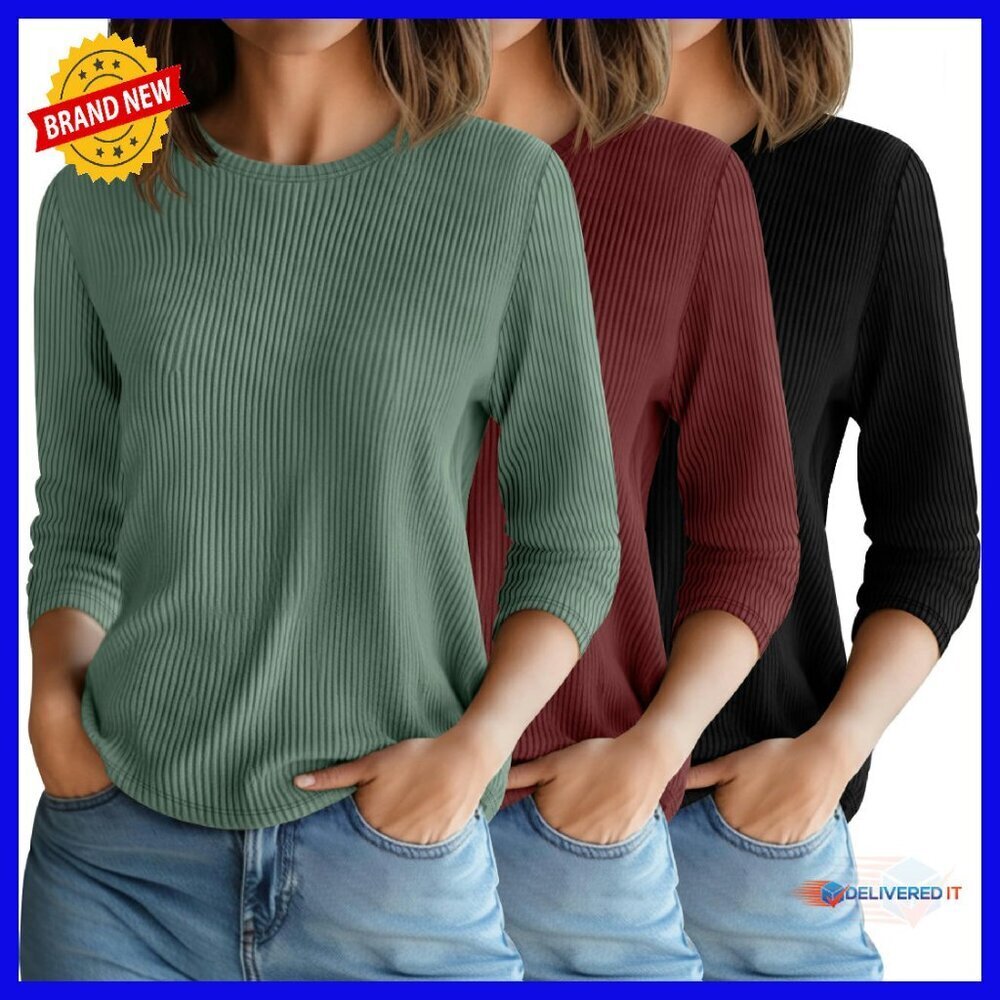 3 Pack Ribbed Knit 3/4 Sleeve Tops Loose Fit Basic Tees Women